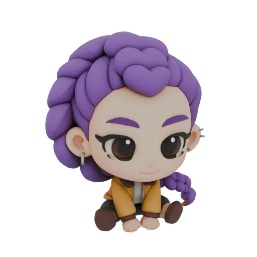 3D model of a cute chibi girl with large brown eyes and voluminous purple braids, wearing a yellow jacket.