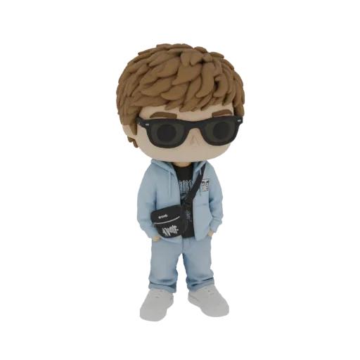 3D model of a stylized young person wearing a light blue hoodie, sunglasses, and a crossbody bag, standing with hands in pock