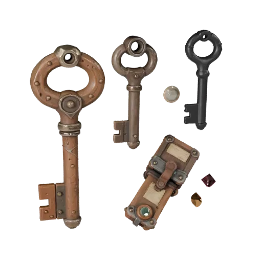 Adventurer Loot Key 3D model, three-quarter front view, Unity viewport, showing aged wood, clear pickup silhouette.