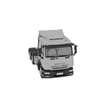 3D model of a white semi-truck tractor unit with a detailed cab and fifth wheel coupling, shown from a front-three-quarter vi