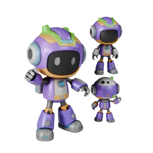 Roboter-Maskottchen modulares Kit 3D-Modell Vorschau zeigt Pose, Draufsicht auf Kitbash, Ausdruck und glatte Spieloberflächen