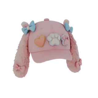 3D model of a pink baseball cap with fluffy bunny ears, decorated with heart and paw patches, and bows on the ears.