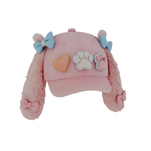 3D model of a pink baseball cap with fluffy bunny ears, decorated with heart and paw patches, and bows on the ears.