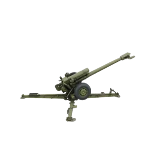 3D model of an M101A1 Howitzer artillery piece, shown in olive drab green with its barrel elevated and stabilizing legs deplo