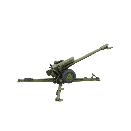 3D model of an M101A1 Howitzer artillery piece, shown in olive drab green with its barrel elevated and stabilizing legs deplo