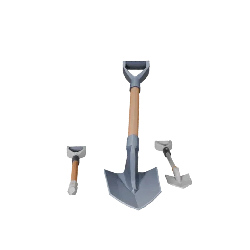 Modello 3D Low Poly Pala Vintage, vista tre quarti del viewport di gioco, con metallo verniciato, silhouette funzionali.
