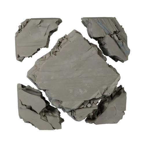 Ruined Stone Slab Scatter 3D model, close-up cinematic environment render, showing stratified stone, terrain detail.