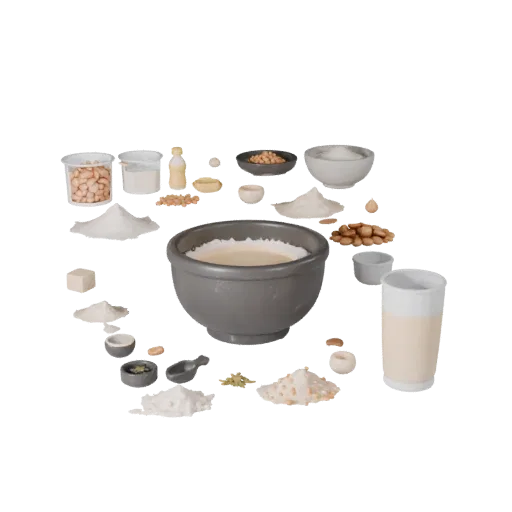 Backschüssel mit Mehl 3D-Modell, Dreiviertel-Frontansicht, AR-Viewer-Studio-Render, zeigt Pulver, kleine Zutatenformen.