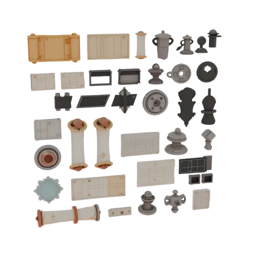 Workshop Scroll Bundle Printable 3D model, isometric STL render, showing paper-like cards, small readable forms.
