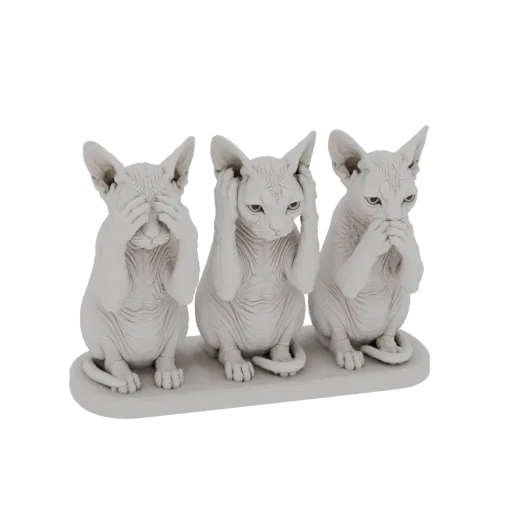 3D model of three white Sphynx cats sitting in a row on a base, each covering their eyes, ears, or mouth.