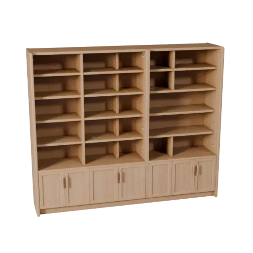 Wall Mounted Bookshelf Product Viz 3D model, dining room, three-quarter studio product render, painted wood detail.