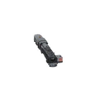 3D model of a vintage steam locomotive with a black body and grey accents, viewed from a slightly elevated angle.
