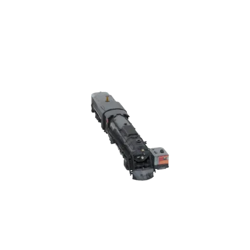 3D model of a vintage steam locomotive with a black body and grey accents, viewed from a slightly elevated angle.