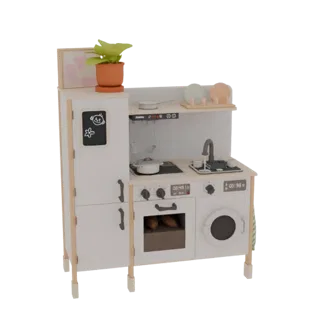 Modello 3D di cucina giocattolo bianca e legno con fornelli, lavello, forno, lavatrice e accessori.