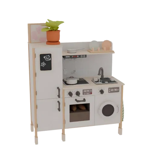 Modèle 3D d'une cuisine jouet blanche et bois avec cuisinière, évier, four, machine à laver et accessoires.