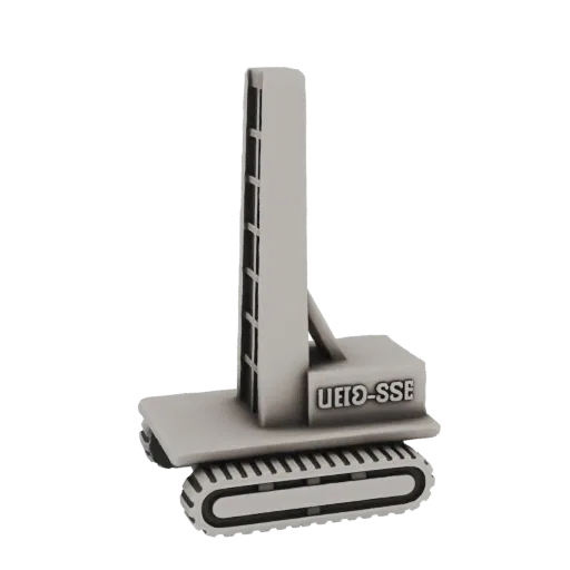 3D model of a crawler-mounted drilling rig with a tall mast and detailed tracks, labeled 'UEIO-SSE'.