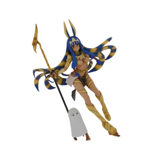 Modelo 3D de una diosa egipcia con cabeza de chacal, atuendo azul y dorado, pose dinámica, sosteniendo un bastón, con un comp