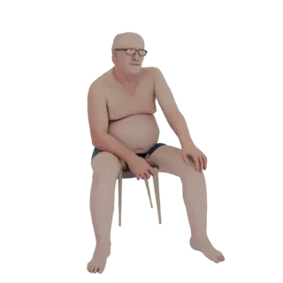 Modello 3D di un uomo di mezza età con occhiali, che indossa pantaloncini, seduto casualmente su una sedia.