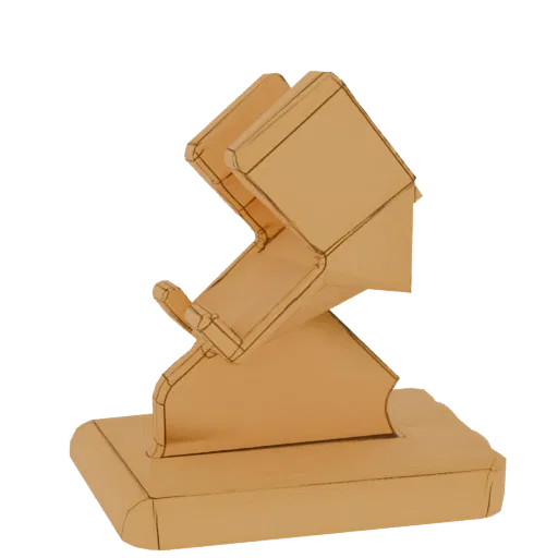 A 3D render of a modern geometric phone stand with clean lines and an angular design, presented on a white background.