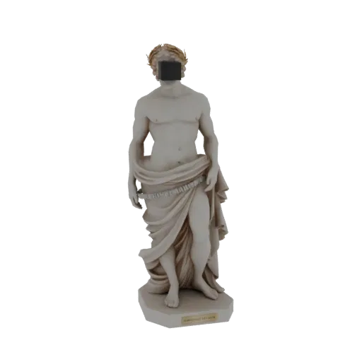 3D model of a classical marble statue of a male figure draped in cloth, with a black square obscuring its face and a golden l