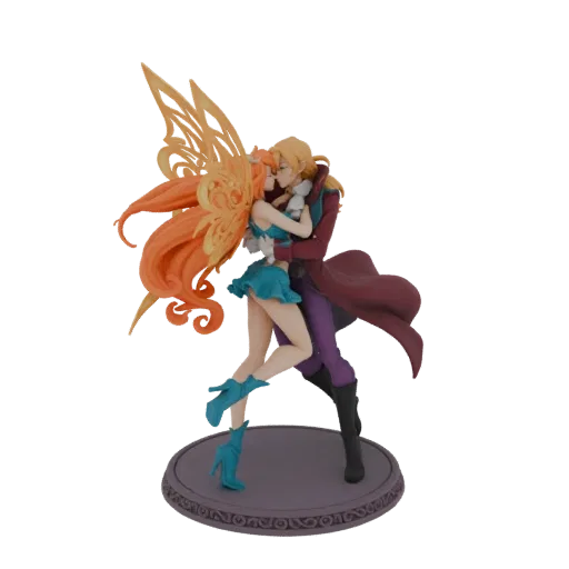 3D model of Bloom and Sky from Winx Club kissing, with Bloom having orange fairy wings and Sky in a dark coat.