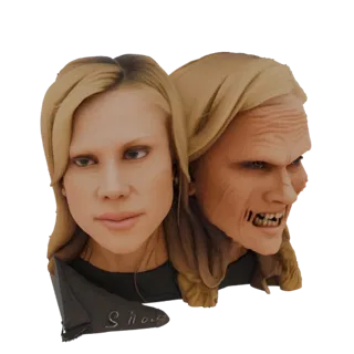 Aperçu du modèle 3D d'un buste double face, montrant une jeune femme d'un côté et une créature monstrueuse et âgée de l'autre