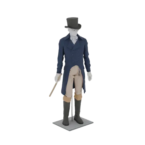 3D model of an 18th-century gentleman's outfit, featuring a blue tailcoat, cream breeches, tall boots, and a top hat, holding