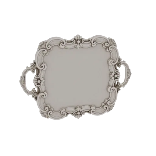 A 3D render of an ornate baroque serving tray with intricate scrollwork and handles, presented on a white background.