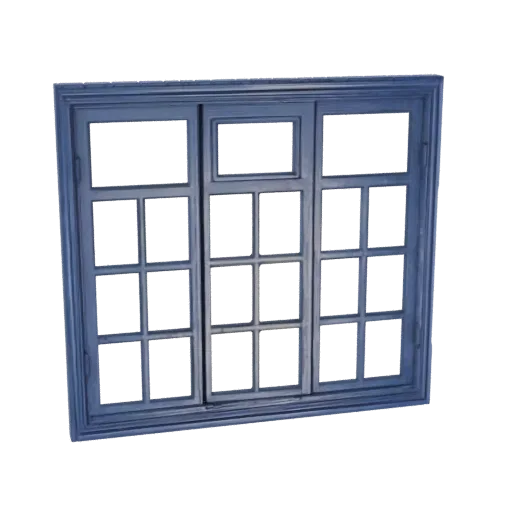 Modèle 3D d'une fenêtre classique avec un cadre bleu foncé et plusieurs croisillons.