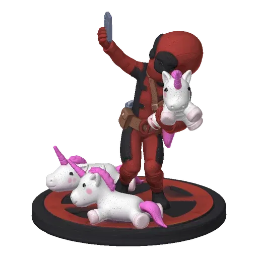 3D model of Deadpool taking a selfie with a unicorn, with two other unicorns on the base.