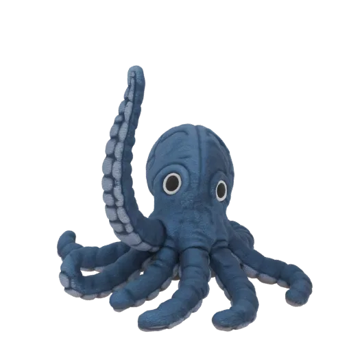 3D model of a blue plush octopus toy with large eyes and eight tentacles, one raised.
