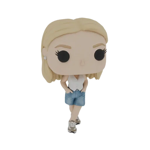 3D model of a blonde woman in a white top and denim shorts, styled like a Funko Pop figure, with hands in pockets.