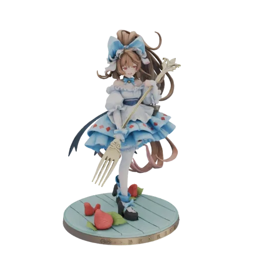 3D model of a strawberry sorceress anime figure with a blue dress, holding a golden fork, standing on a strawberry-themed bas