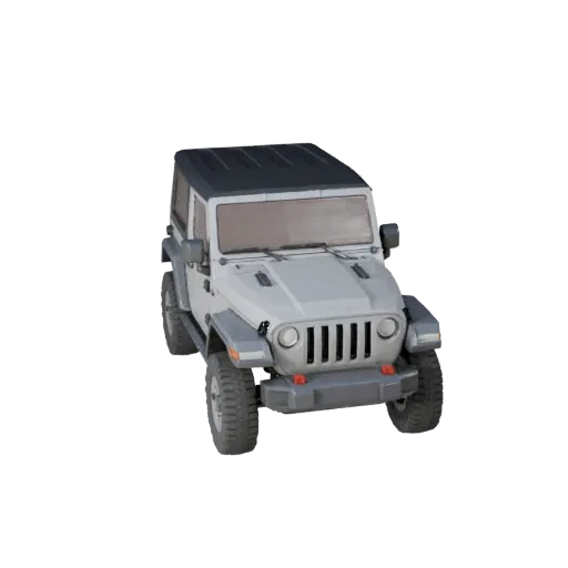 Low-Poly-Offroad-SUV 3D-Modell, Drei-Viertel-Spiel-Viewport, Low-Poly-Fahrzeug-Asset mit aufrechten Offroad-Proportionen, rob