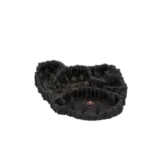 Modèle 3D d'une scène de donjon sombre avec un autel central en pierre entouré de grands piliers et de terrain rocheux, avec