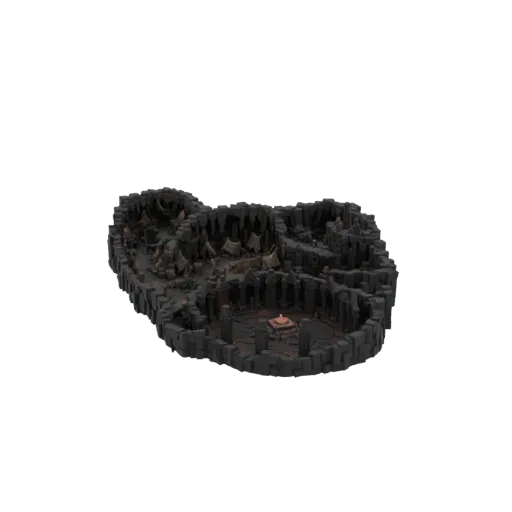 3D model of a dark dungeon scene featuring a central stone altar surrounded by tall pillars and rocky terrain, with small ten