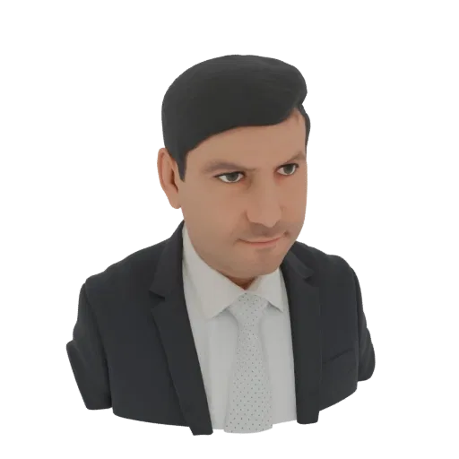3D render of a bust of a man wearing a dark suit, white shirt, and patterned tie, with a neutral expression.