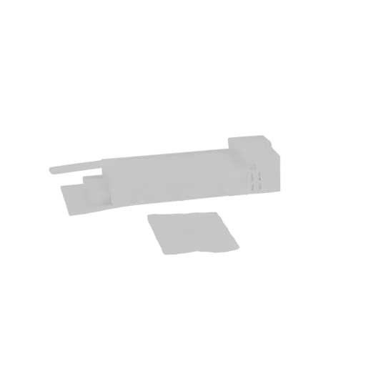A 3D model of a modern, white, modular shelf unit with clean lines and geometric shapes, against a black background.