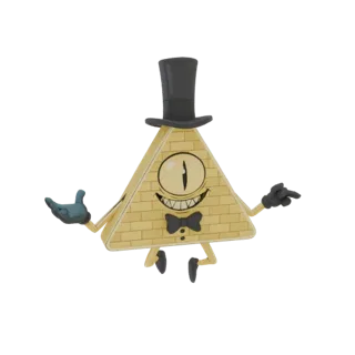Modello 3D di Bill Cipher, un personaggio giallo triangolare con cappello a cilindro, papillon e un occhio, in posa giocosa.