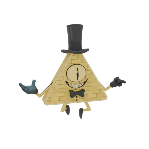 Modello 3D di Bill Cipher, un personaggio giallo triangolare con cappello a cilindro, papillon e un occhio, in posa giocosa.