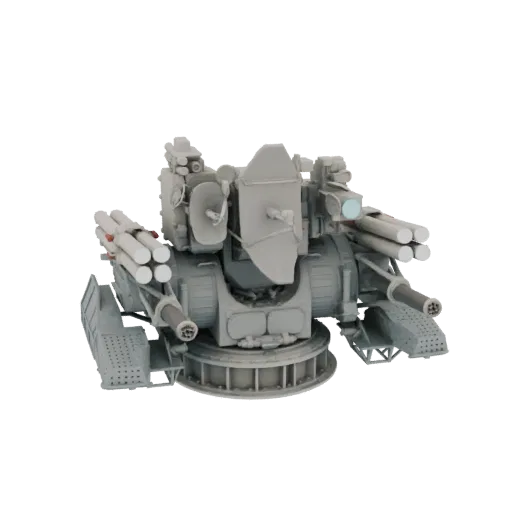 3D model of a modern anti-aircraft gun system with missile launchers and radar, shown from a front-three-quarter view.