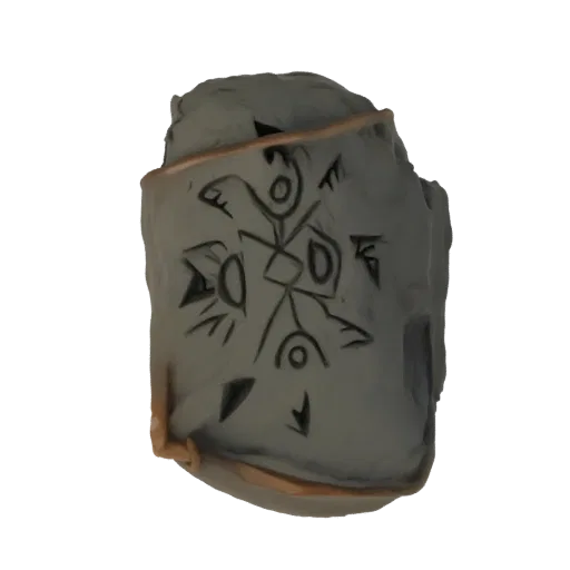 3D model of a weathered stone fragment with intricate ancient runes carved into its surface and a rough cord binding.