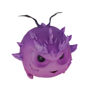 3D model of a spherical purple creature with sharp crystal growths and an intense expression, set against a white background.