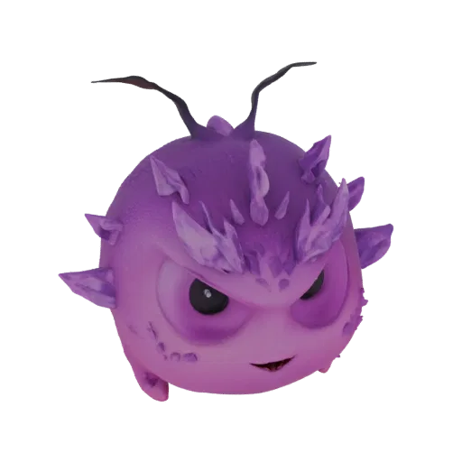 3D model of a spherical purple creature with sharp crystal growths and an intense expression, set against a white background.