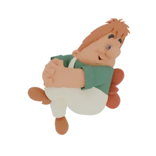 Uma renderização 3D de um personagem de fazendeiro estilo stop-motion com cabelo castanho-avermelhado, vestindo camisa verde