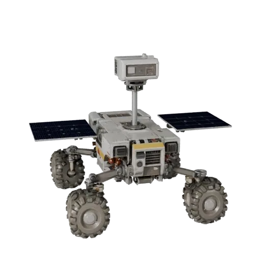 Lunar Planetary Rover Modular 3D model, isometric modular kit view, showing dusty wheels, vehicle stance.