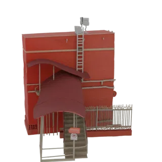 3D-Modell eines roten Backsteingebäudes mit burgunderrotem überdachtem Eingang, Treppe und dekorativem Metallzaun.