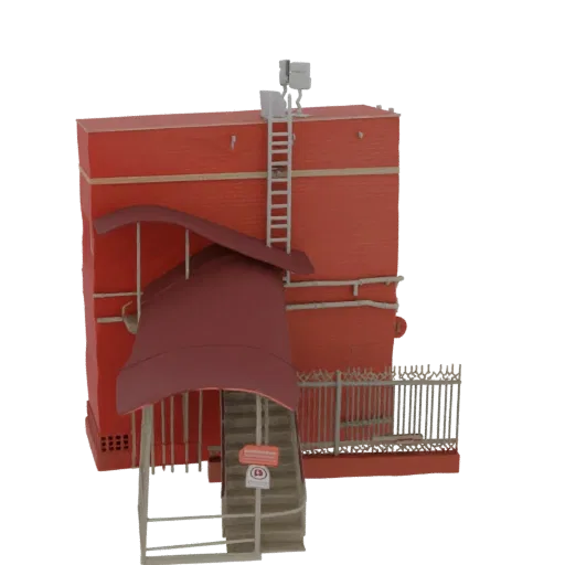 Modello 3D edificio in mattoni rossi con ingresso coperto bordeaux, scale e recinzione decorativa.