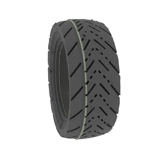 A 3D model of a scooter tire with a detailed tread pattern, presented against a black background.