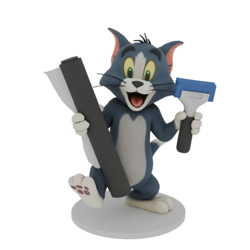 3D model of Tom the cat from Tom and Jerry holding a roll of wallpaper and a smoothing tool, standing on a circular base.